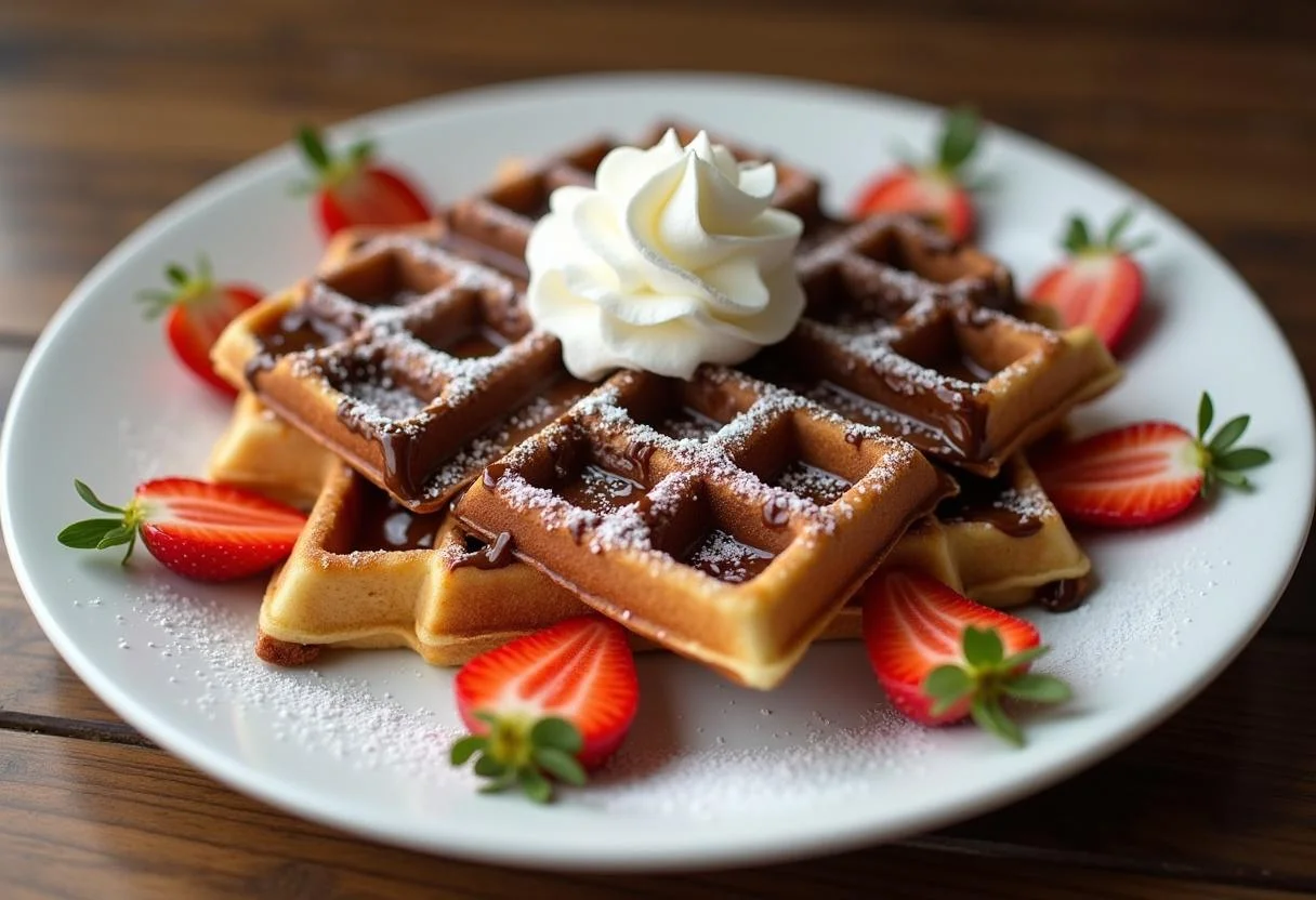 Gaufres au Nutella fraßches sur une assiette, ornées de fraises et de crÚme fouettée.