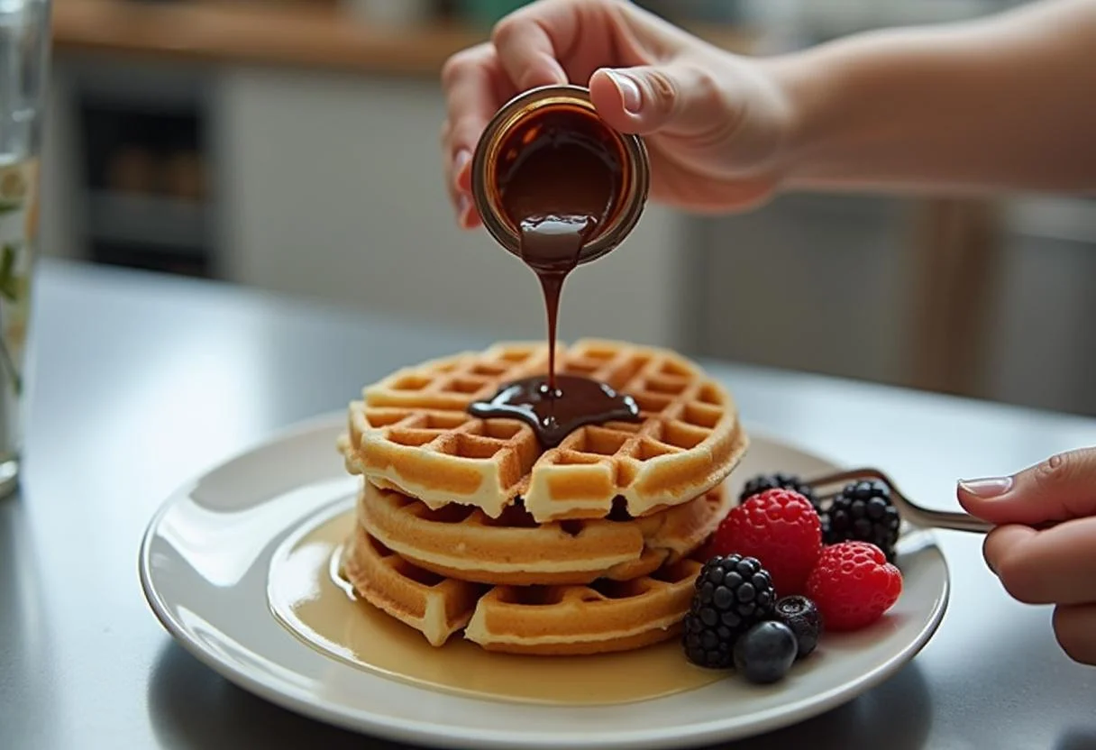Gaufres au Nutella étant servies avec un filet de Nutella chaud et des fruits frais dans une cuisine moderne.