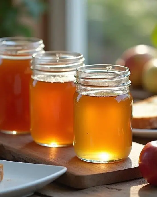 Présentation finale de la gelée de pommes naturelle, des pots de gelée maison sur une table avec des pommes fraîches et des toasts.