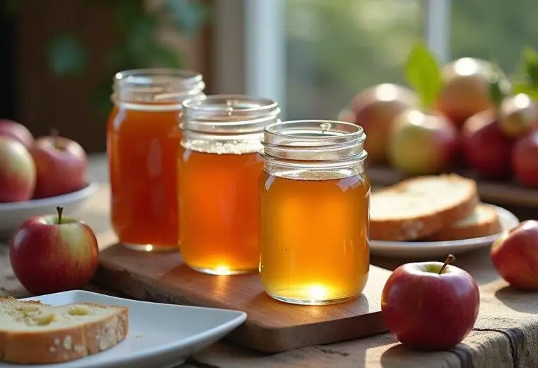 Présentation finale de la gelée de pommes naturelle, des pots de gelée maison sur une table avec des pommes fraßches et des toasts.