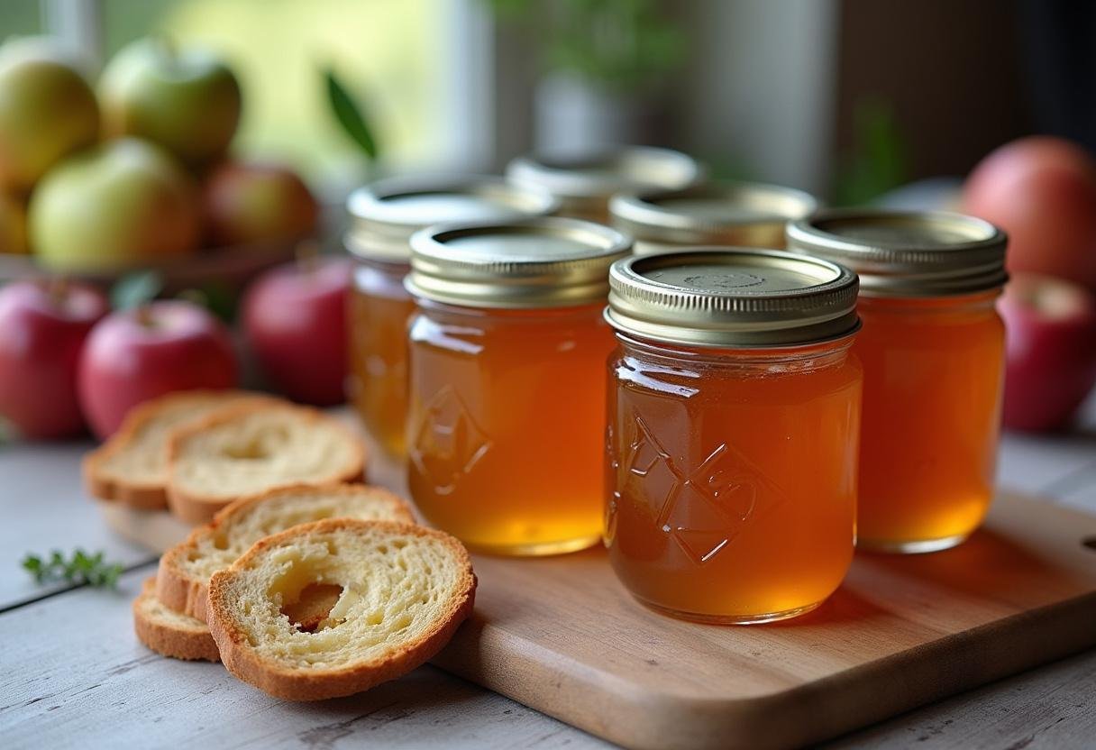 Présentation finale de la gelée de pommes naturelle, des pots de gelée maison sur une table avec des pommes fraßches et des toasts.