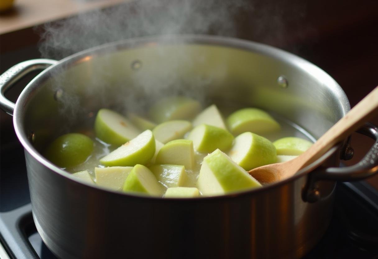 Préparation des ingrédients pour la recette de gelée de pommes maison, pommes vertes tranchées dans une casserole avec de l'eau.