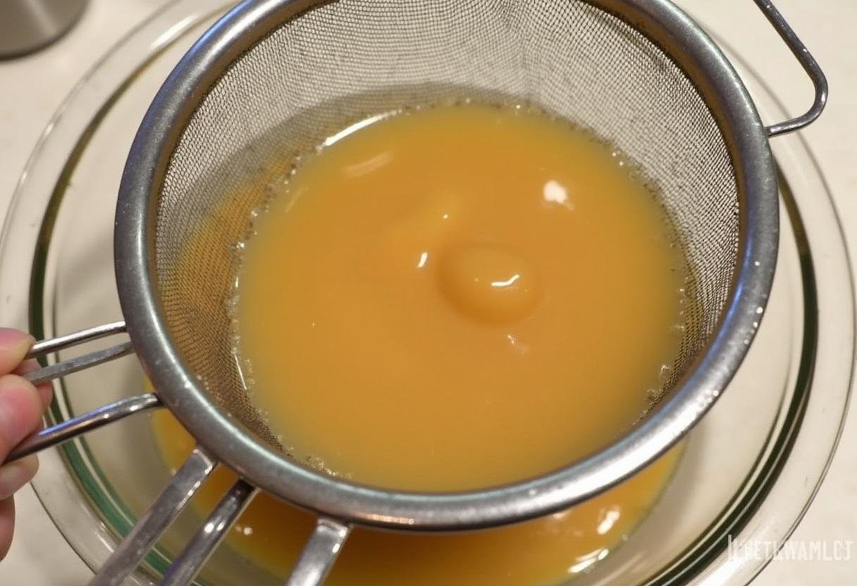 Filtrage du mélange pour la gelée de pommes facile, l'eau de pomme s'écoulant à travers une passoire vers un grand bol.