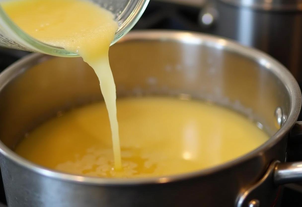 Préparation de la gelée de pommes naturelle, jus de pommes filtré versé dans une casserole avec du sucre et du jus de citron.