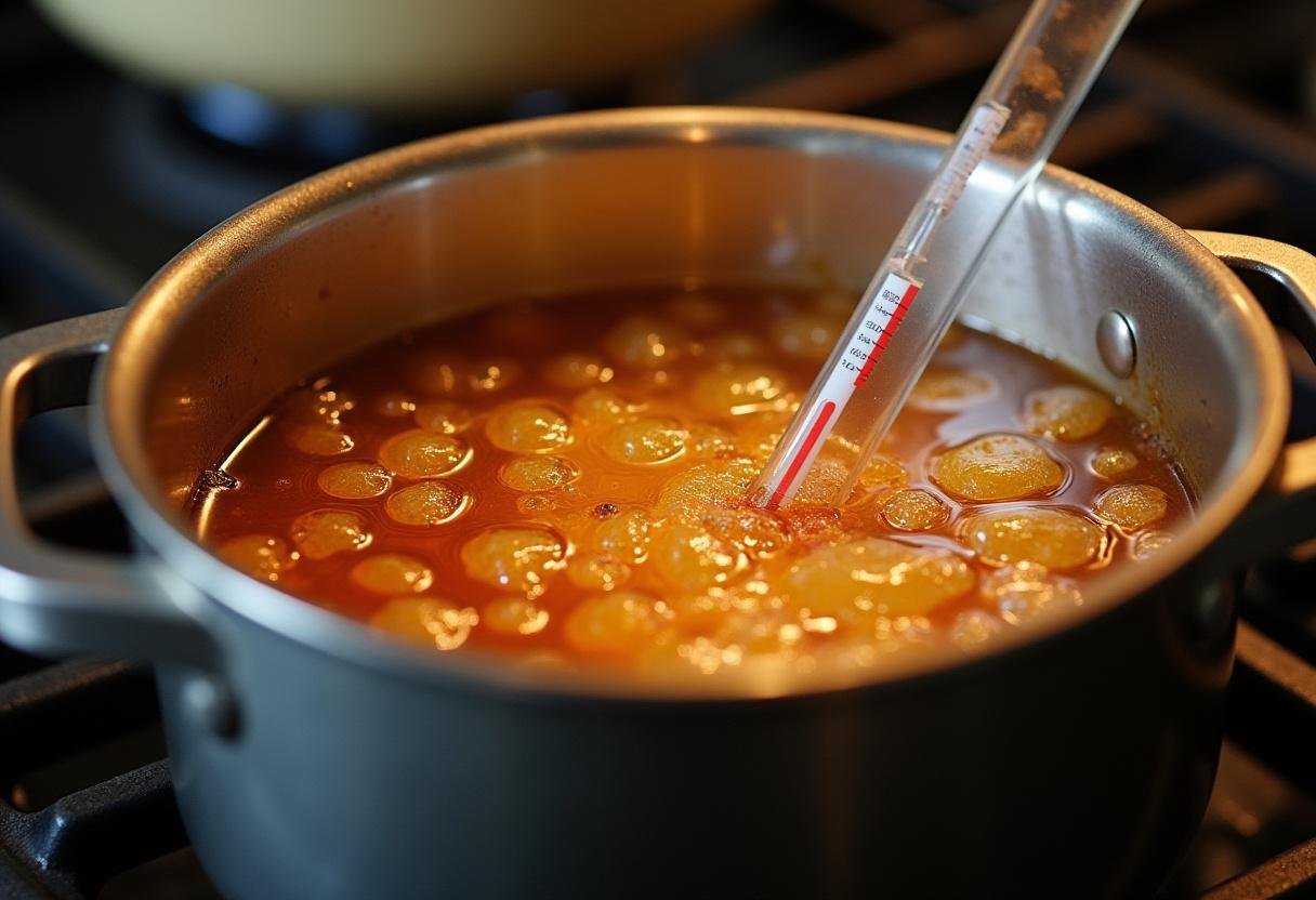 Cuisson de la gelée de pommes maison, un mélange doré bouillonnant dans une casserole sur la cuisiniÚre.