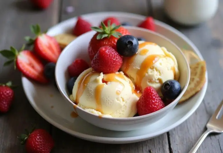 Bol de glace vegan maison décoré de fruits frais et d'un filet de sirop, illustrant la texture crémeuse et les couleurs vives de la glace.
