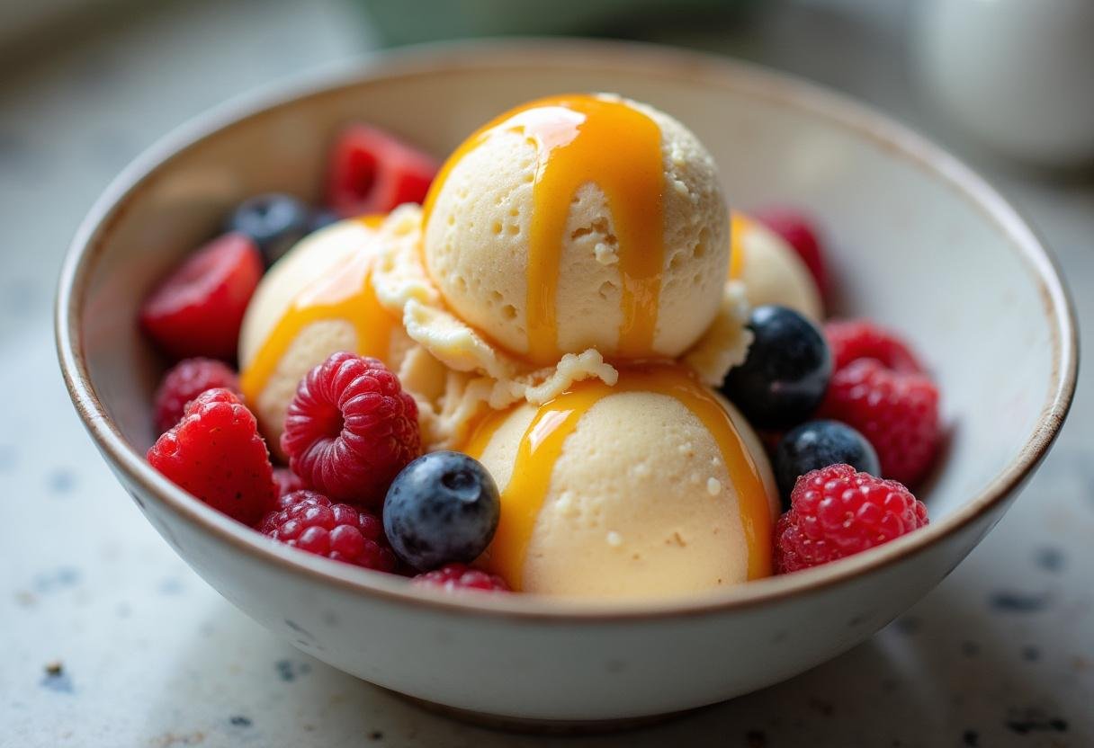 Bol de glace vegan maison décoré de fruits frais et d'un filet de sirop, illustrant la texture crémeuse et les couleurs vives de la glace.