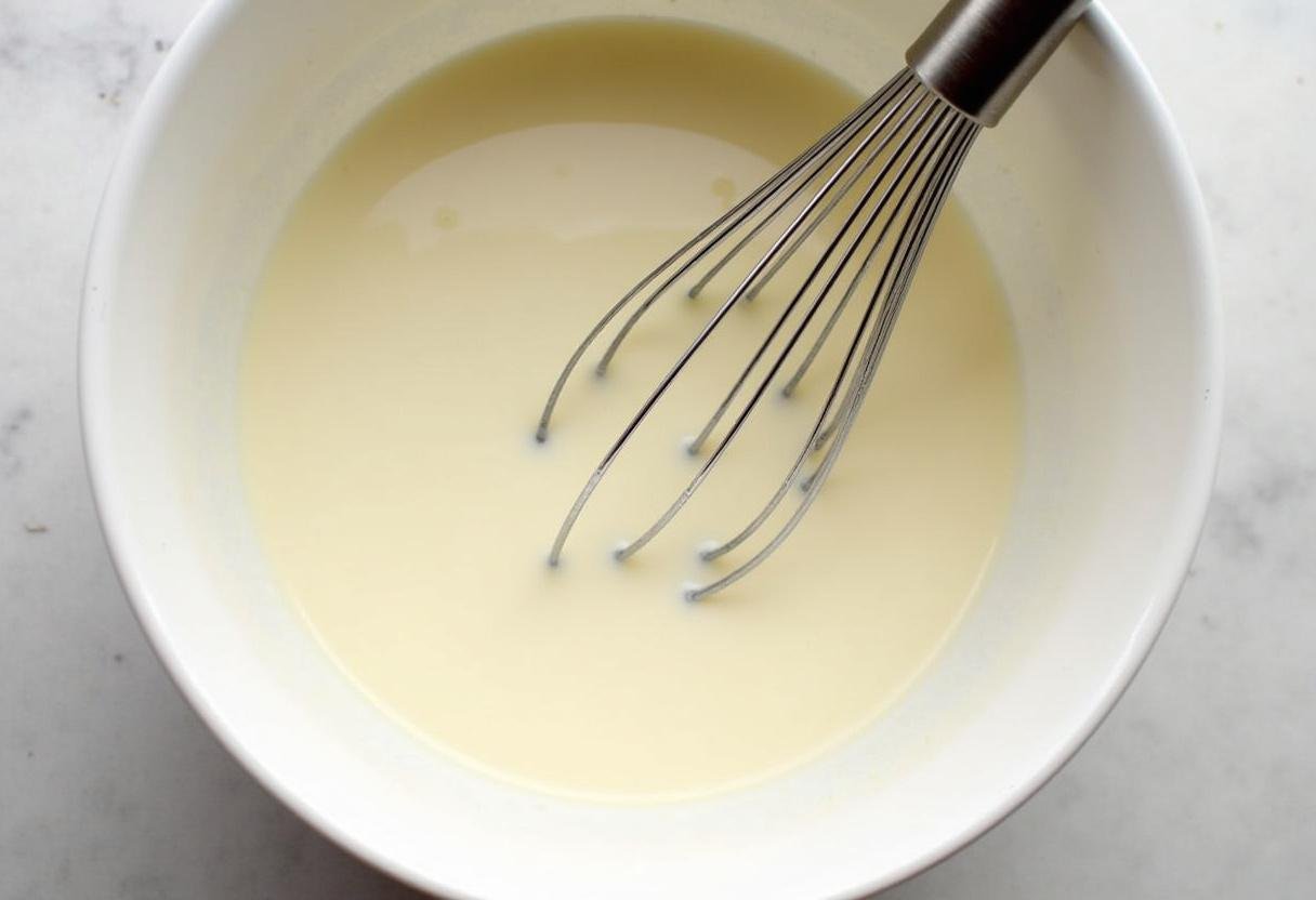 Préparation de la base de glace vegan avec du lait de coco, sirop d'érable et extrait de vanille pour créer une glace crémeuse.