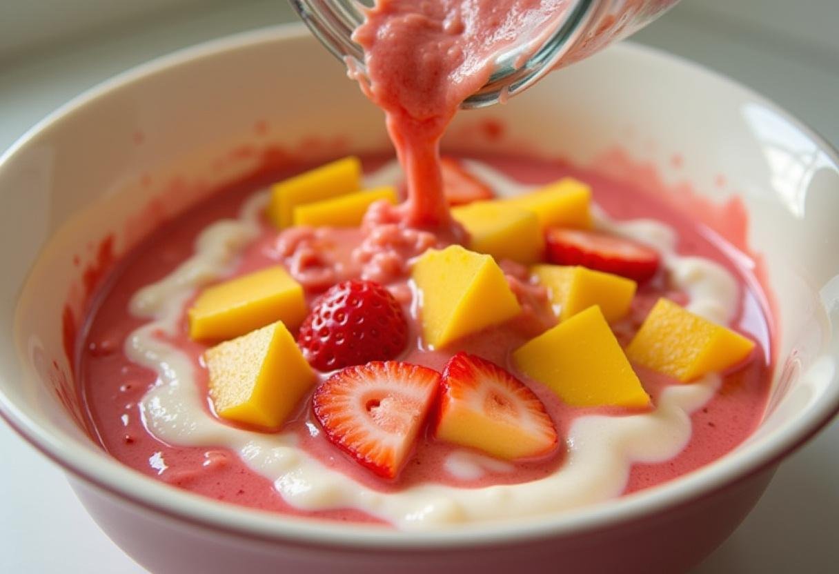 Incorporation de fruits écrasés comme des fraises ou des mangues dans le mélange de glace vegan pour ajouter de la saveur et de la couleur.
