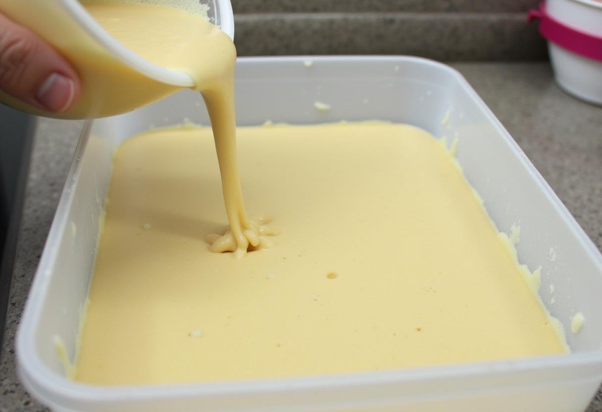 Versement du mélange de glace vegan dans un récipient pour congélation, préparant la glace pour une texture onctueuse.