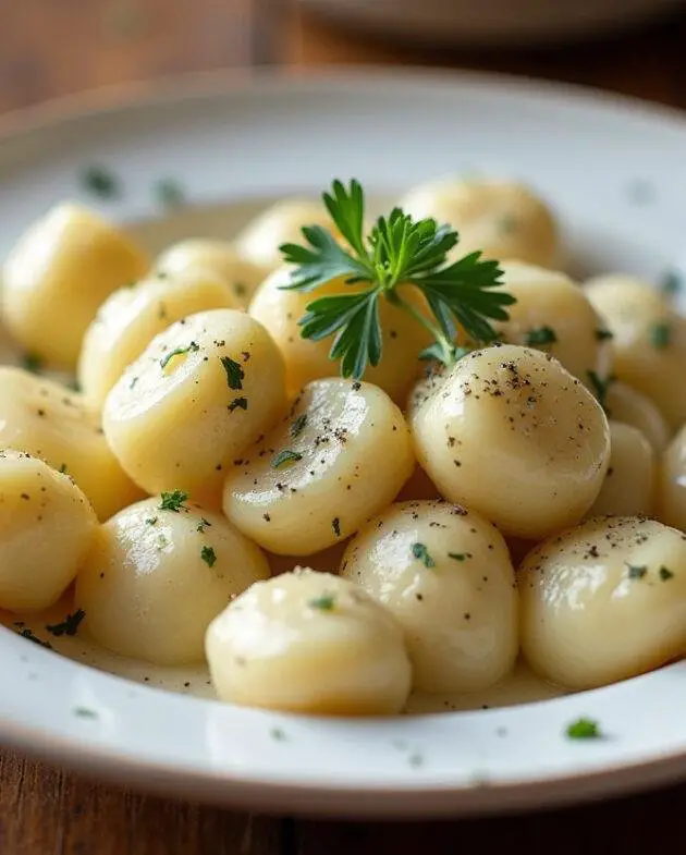 Gnocchis servis avec une sauce gorgonzola crémeuse, présentés avec du persil sur un plateau rustique.