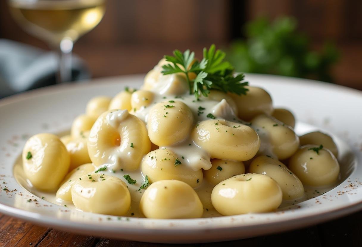 Gnocchis servis avec une sauce gorgonzola crémeuse, présentés avec du persil sur un plateau rustique.