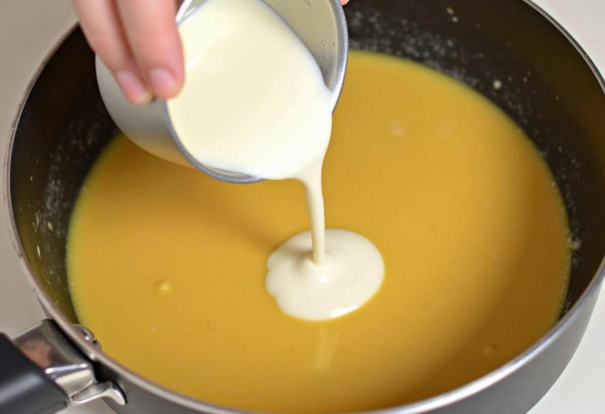 Ajout de la crème fraîche dans la sauce gorgonzola pour créer une texture onctueuse.