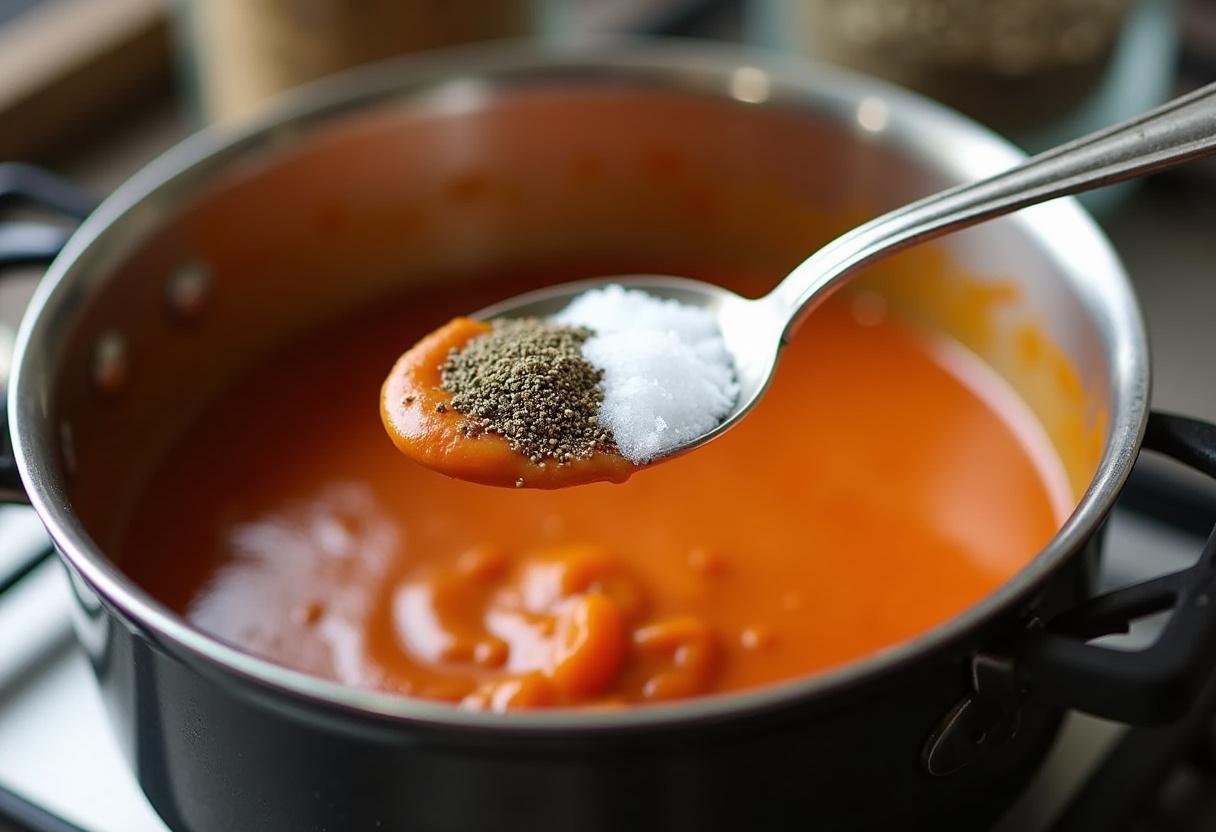 Assaisonnement de la sauce gorgonzola avec du sel et du poivre pour un goût optimal.