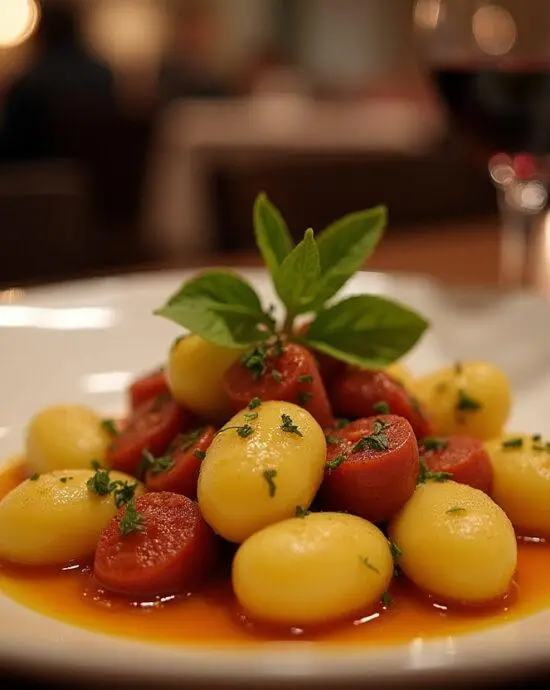 Gnocchis sautés au chorizo épicé sur une assiette élégante, avec une ambiance chaleureuse, représentant un plat final savoureux et raffiné.