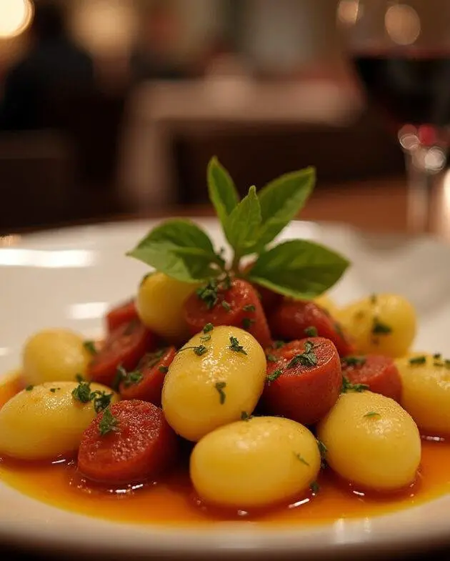 Gnocchis sautés au chorizo épicé sur une assiette élégante, avec une ambiance chaleureuse, représentant un plat final savoureux et raffiné.