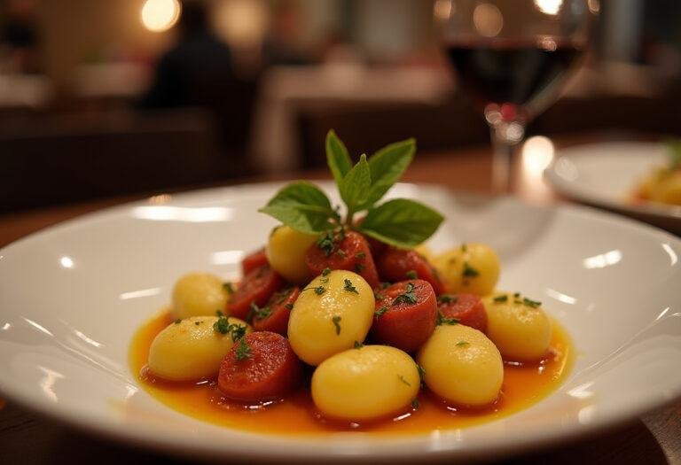 Gnocchis sautés au chorizo épicé sur une assiette élégante, avec une ambiance chaleureuse, représentant un plat final savoureux et raffiné.