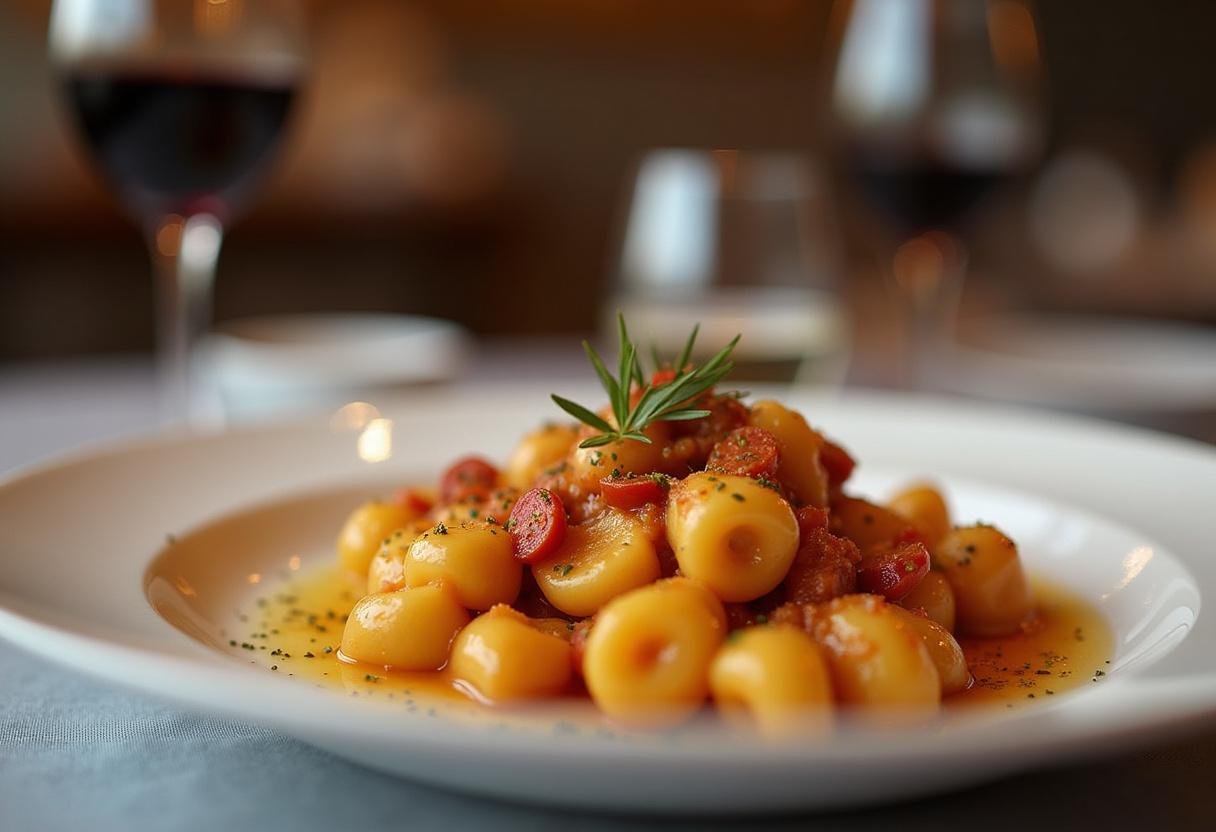 Gnocchis sautés au chorizo épicé sur une assiette élégante, avec une ambiance chaleureuse, représentant un plat final savoureux et raffiné.