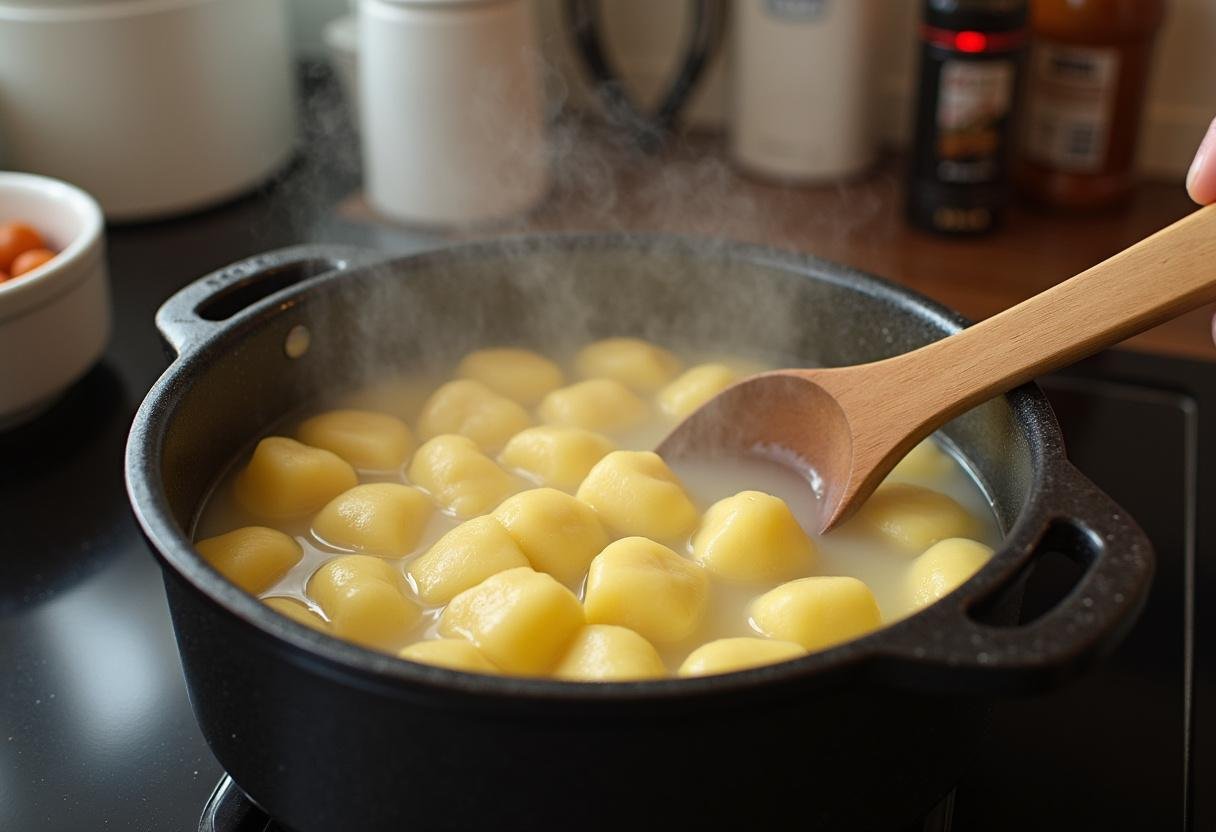 Gnocchi cuisant dans une casserole d'eau bouillante, avec une cuillère en bois à côté, représentant la préparation de gnocchi savoureux au chorizo épicé.