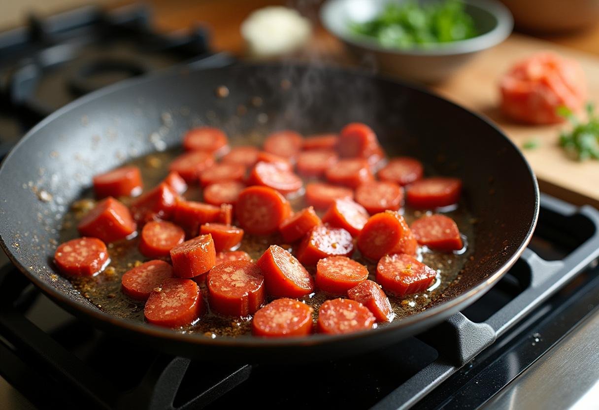 Chorizo épicé haché en train de frémir dans une poêle, représentant une étape clé pour préparer des gnocchis sautés au chorizo.