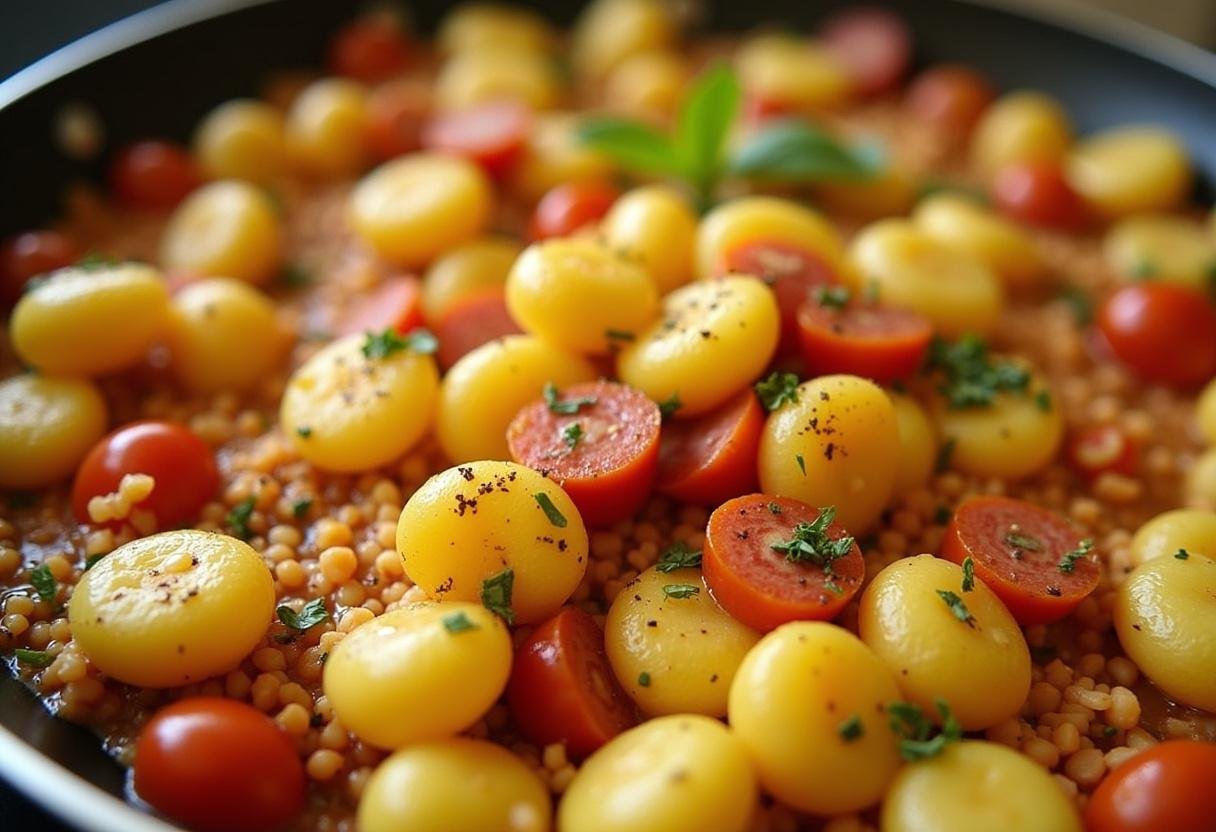 Gnocchi et chorizo mélangés dans une poêle, illustrant la combinaison parfaite des saveurs pour des gnocchis sautés au chorizo épicé.