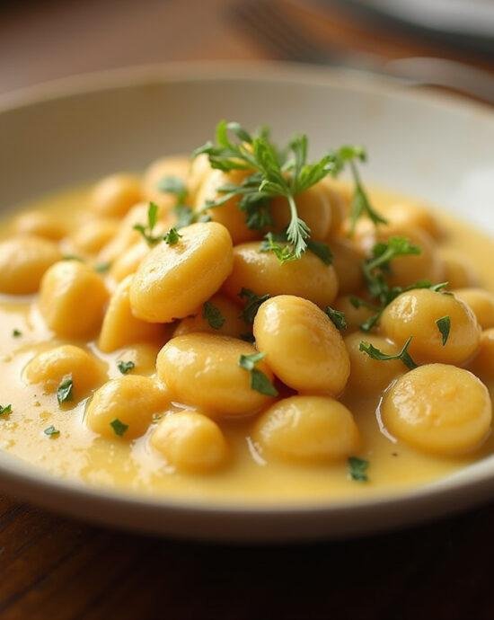 Présentation finale des gnocchis au fromage fondant dans un bol avec des herbes fraîches, un plat de gnocchi crémeux et appétissant.