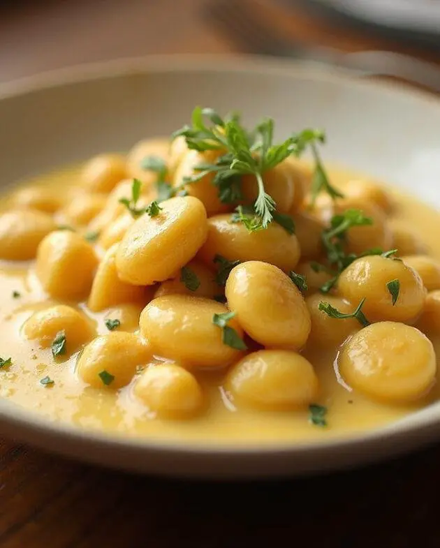 Présentation finale des gnocchis au fromage fondant dans un bol avec des herbes fraîches, un plat de gnocchi crémeux et appétissant.
