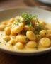 Présentation finale des gnocchis au fromage fondant dans un bol avec des herbes fraîches, un plat de gnocchi crémeux et appétissant.