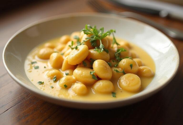 Présentation finale des gnocchis au fromage fondant dans un bol avec des herbes fraßches, un plat de gnocchi crémeux et appétissant.