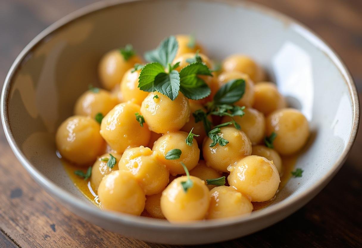 Présentation finale des gnocchis au fromage fondant dans un bol avec des herbes fraßches, un plat de gnocchi crémeux et appétissant.
