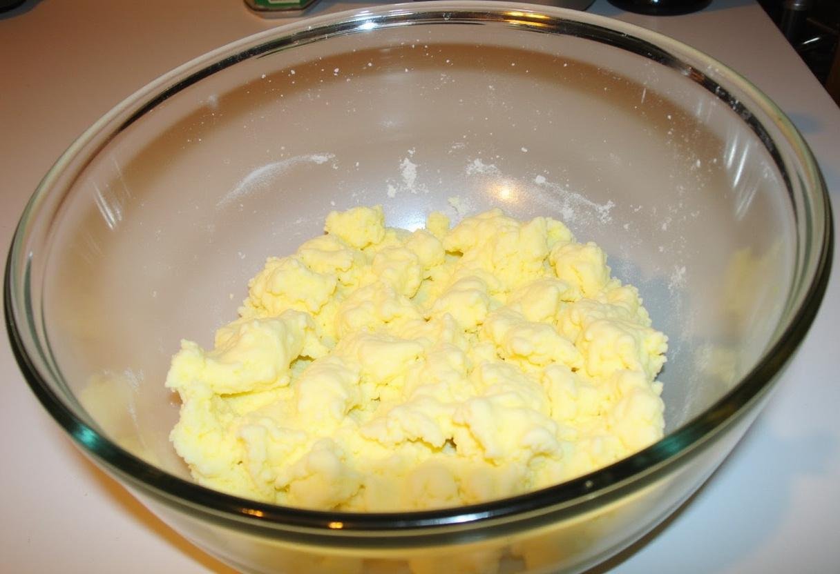 PrĂ©paration de la pĂąte Ă gnocchi au fromage avec des pommes de terre Ă©crasĂ©es, de la farine et des Ćufs, montrant un mĂ©lange lisse, recette de gnocchi maison.