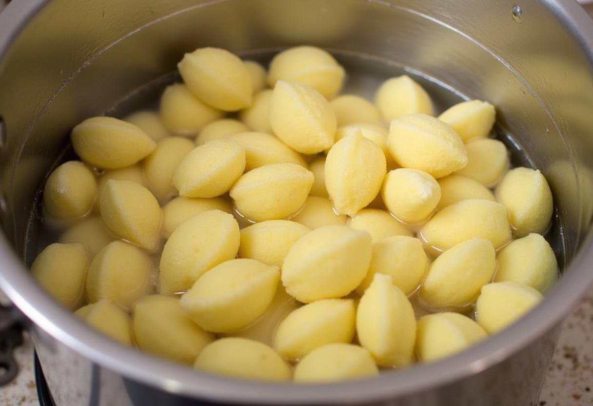 Cuisson des gnocchis dans une grande casserole d'eau salée, une étape cruciale pour obtenir des gnocchis parfaits pour la sauce pour gnocchi.