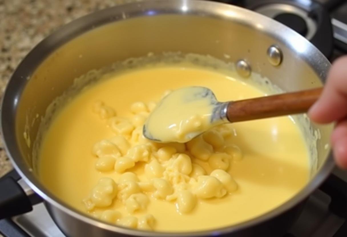 Préparation d'une sauce crémeuse au fromage pour les gnocchis, mélange des gnocchis avec une sauce savoureuse dans une casserole, plat de gnocchi réconfortant.
