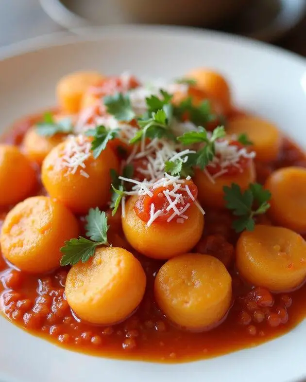 Présentation finale des gnocchis de patate douce moelleux sur une assiette élégante, mettant en valeur la recette de gnocchi patate douce.