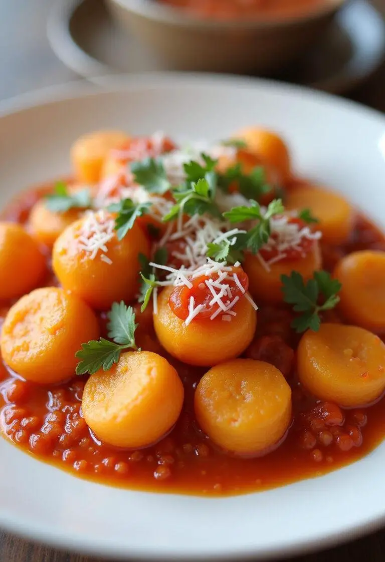 Présentation finale des gnocchis de patate douce moelleux sur une assiette élégante, mettant en valeur la recette de gnocchi patate douce.