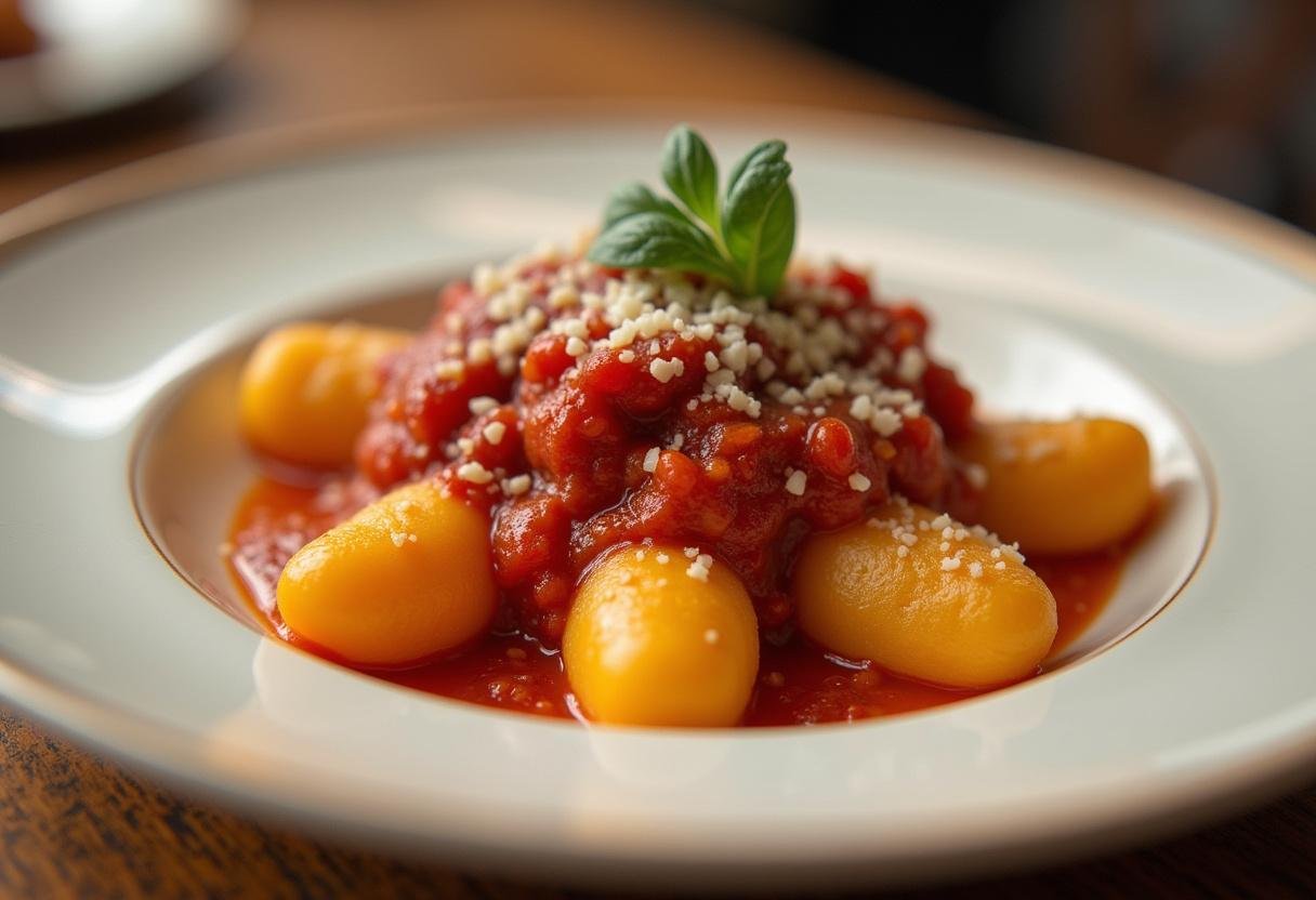 Présentation finale des gnocchis de patate douce moelleux sur une assiette élégante, mettant en valeur la recette de gnocchi patate douce.