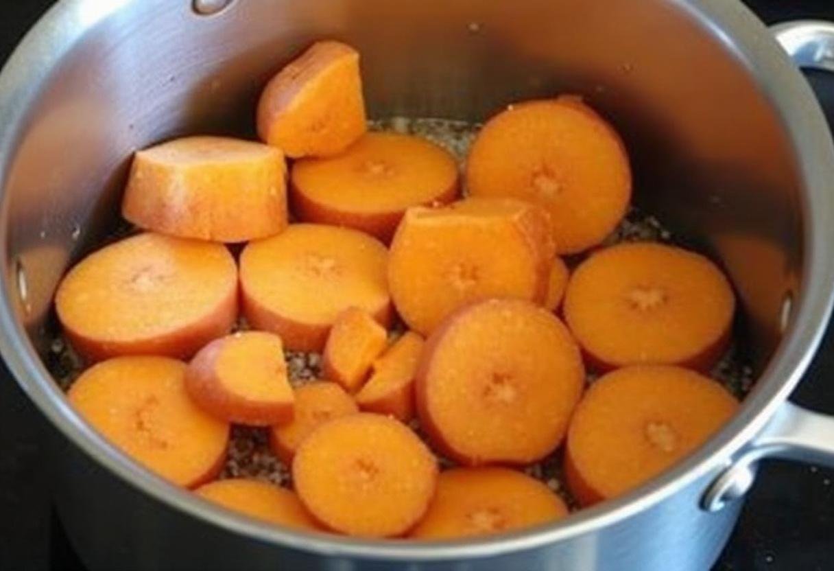 Préparation des patates douces dans une grande casserole pour la recette de gnocchi de patate douce, mettant en avant la technique de cuisson.