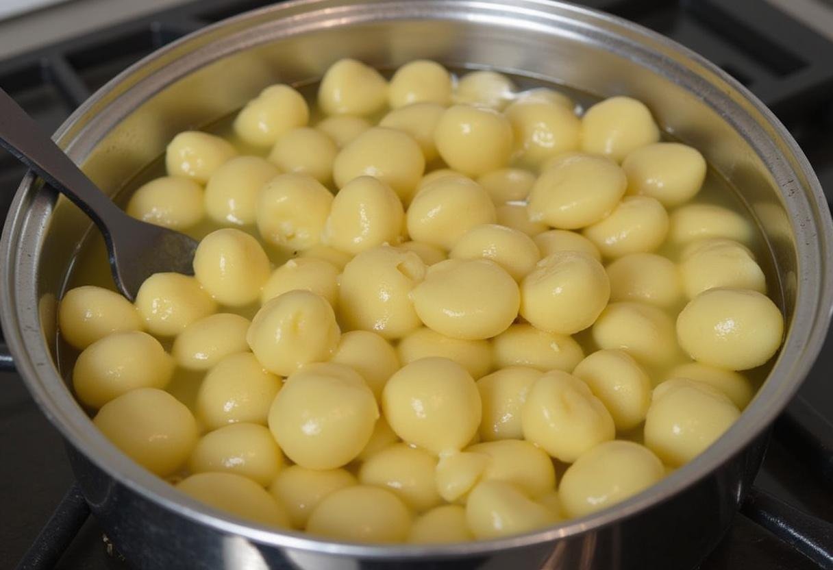 Cuisson des gnocchis de patate douce dans l'eau bouillante, illustrant la technique parfaite pour la recette.