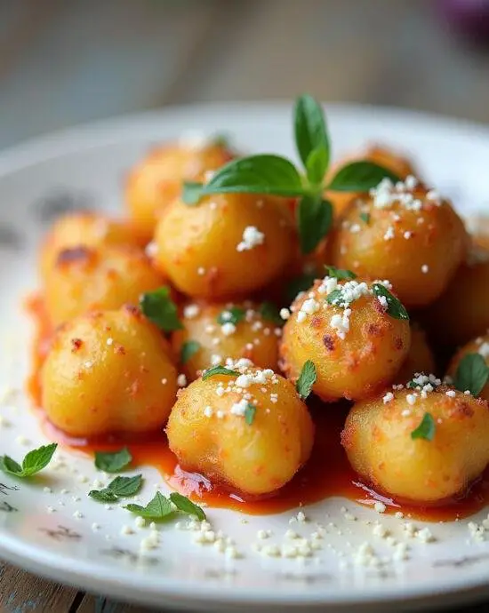 Présentation de gnocchis croustillants à l'air fryer, prêts à être dégustés avec des herbes fraîches et du fromage, un plat de gnocchis délicieux.