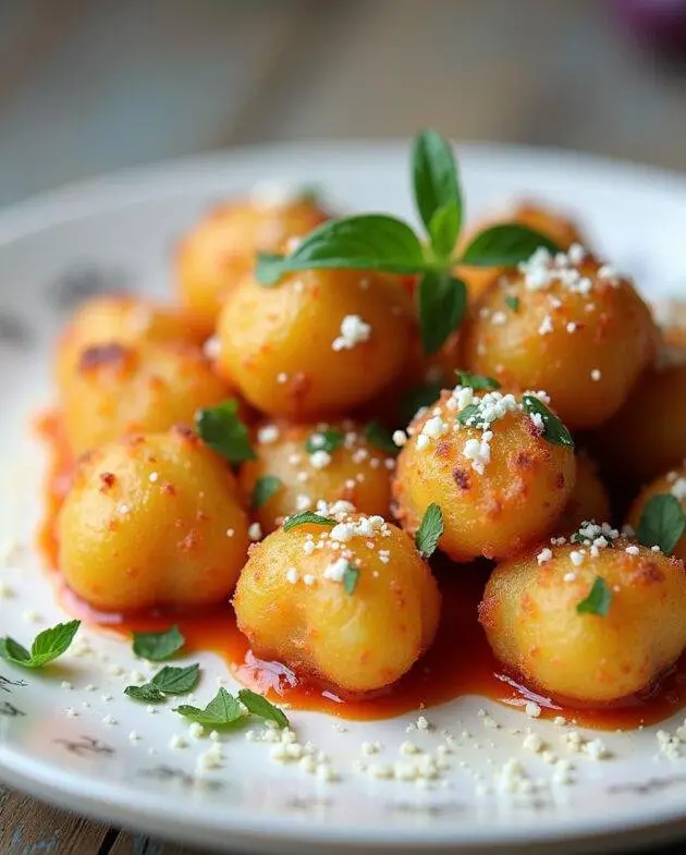 Présentation de gnocchis croustillants à l'air fryer, prêts à être dégustés avec des herbes fraîches et du fromage, un plat de gnocchis délicieux.