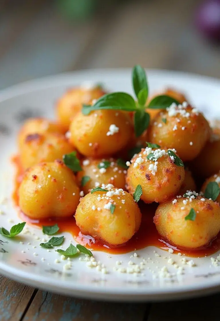 Présentation de gnocchis croustillants à l'air fryer, prêts à être dégustés avec des herbes fraîches et du fromage, un plat de gnocchis délicieux.