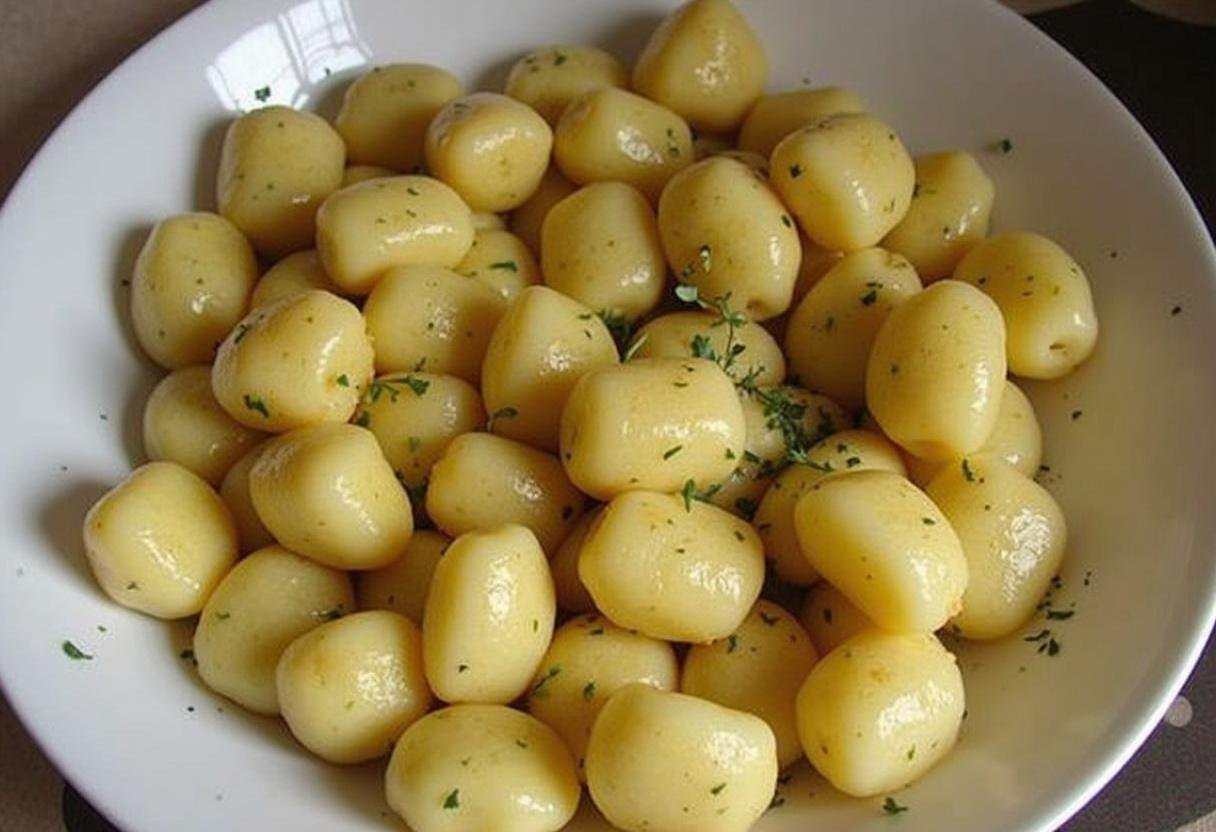 Gnocchis croustillants assaisonnés d'huile d'olive et d'herbes, prêts à être cuits dans une friteuse à air pour un accompagnement de gnocchis délicieux.