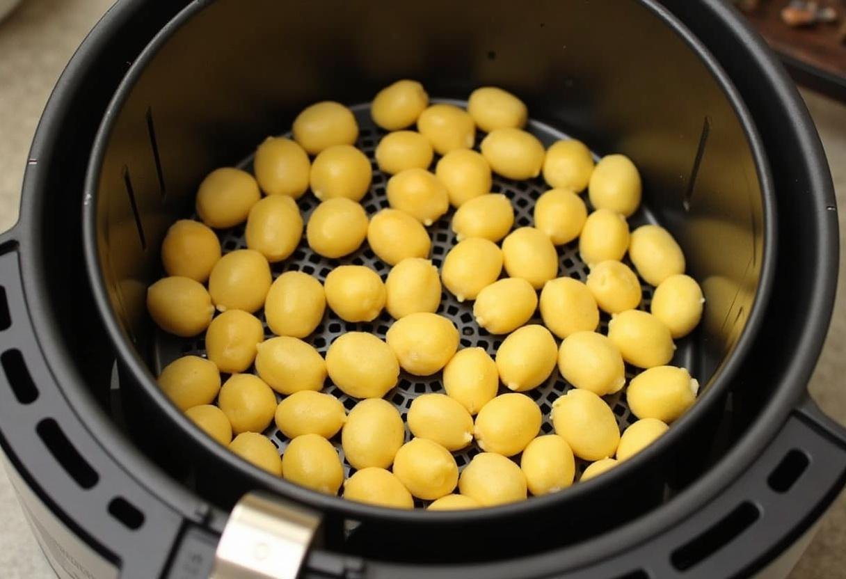 Cuisson des gnocchis dans la friteuse à air pendant 15 à 20 minutes pour obtenir une texture parfaite, idéale pour une recette de gnocchis maison.