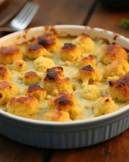 Présentation du gratin de chou-fleur pommes de terre doré sur une table en bois rustique, montrant le plat alléchant prêt à être dégusté.