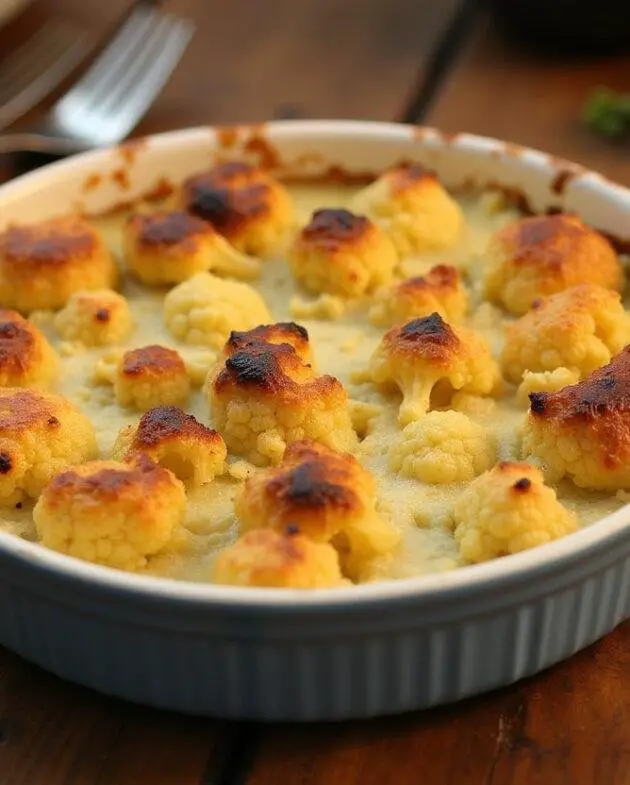 Présentation du gratin de chou-fleur pommes de terre doré sur une table en bois rustique, montrant le plat alléchant prêt à être dégusté.