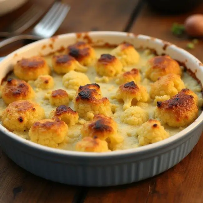 Présentation du gratin de chou-fleur pommes de terre doré sur une table en bois rustique, montrant le plat alléchant prêt à être dégusté.