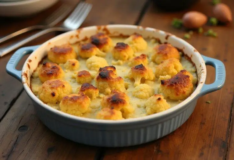 Présentation du gratin de chou-fleur pommes de terre doré sur une table en bois rustique, montrant le plat alléchant prêt à être dégusté.