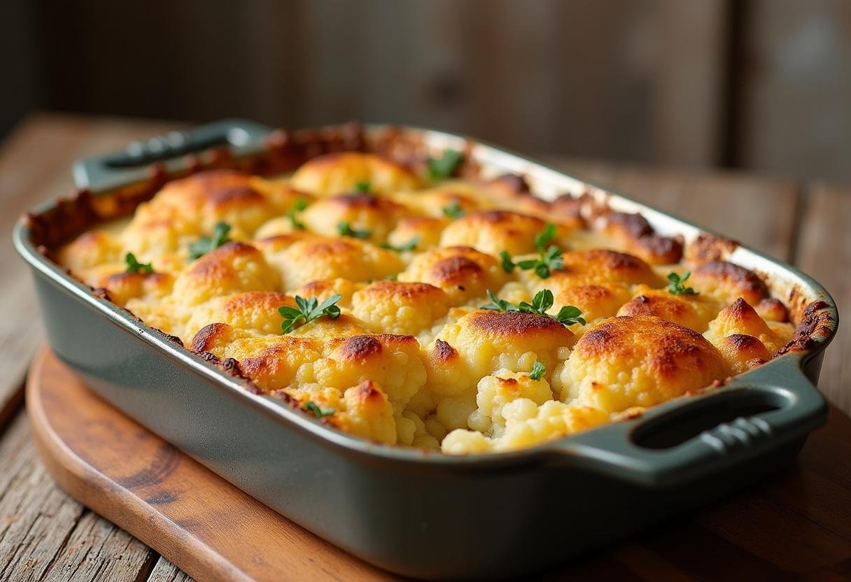 Présentation du gratin de chou-fleur pommes de terre doré sur une table en bois rustique, montrant le plat alléchant prêt à être dégusté.