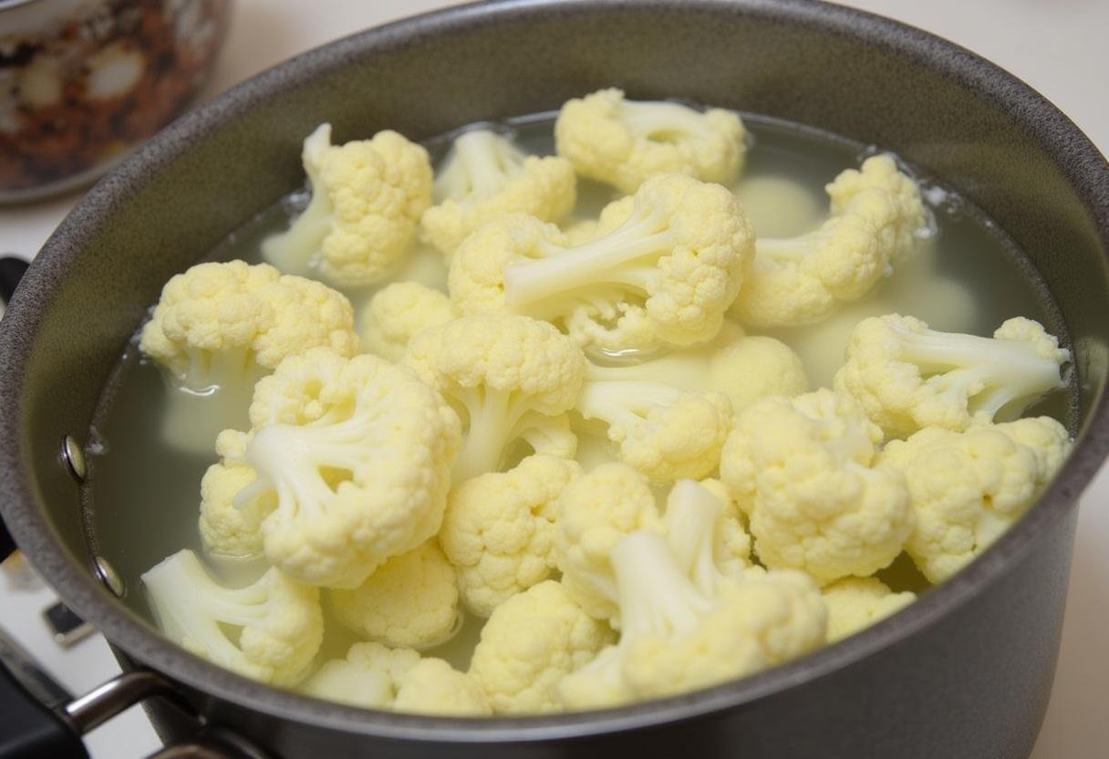 Préparation des fleurons de chou-fleur pour le gratin de chou-fleur pomme de terre en les blanchissant dans l'eau bouillante.