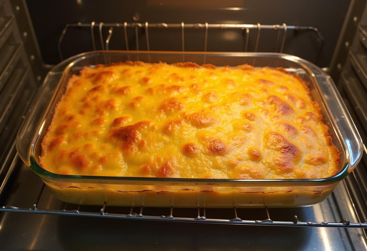 Cuisson du gratin de chou-fleur et pommes de terre au four, observant la dorure du dessus pendant la cuisson.